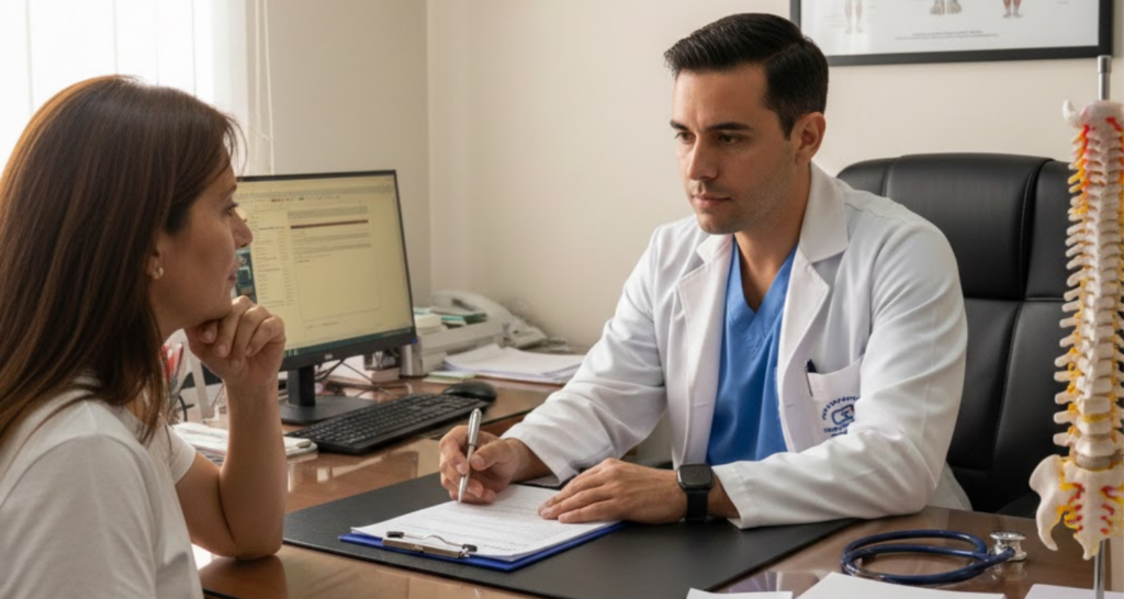 Fisiatra con camice bianco che prescrive esami a paziente