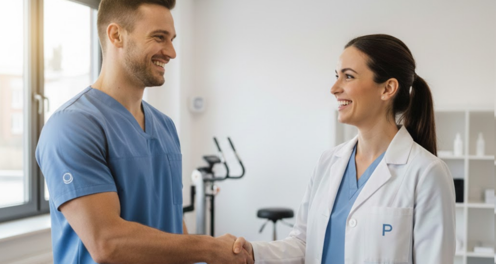 osteopata e fisioterapista che si stringono le mani