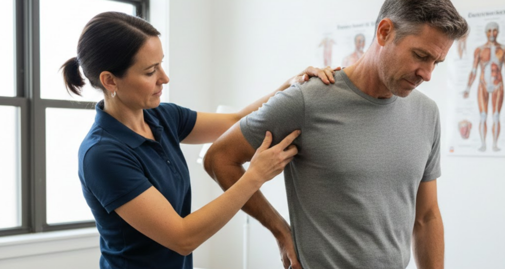 paziente che si tocca schiena e osteopata che tratta spalla