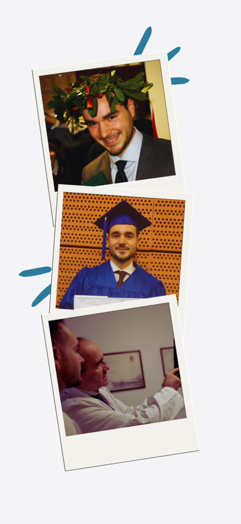 3 foto in modalit&agrave; polaroid di Matteo Maiuri laureato in Biotecnologie, il giorno del diploma in Osteopatia e al lavoro