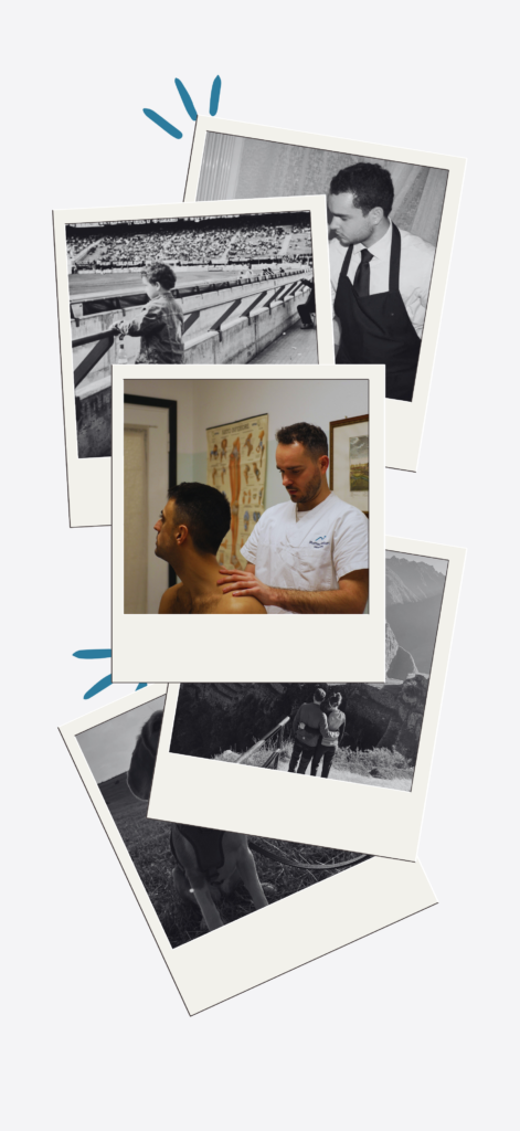 5 foto in formato polaroid raccontano la vita di Matteo Maiuri: da bambino allo stadio, da Sommelier, da Osteopata, in viaggio e col suo cane
