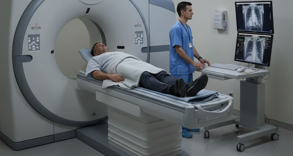 Persona che viene sottoposta a TAC con medico che guarda i risultati