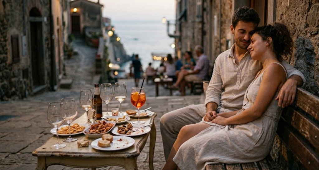 Una coppia che si abbraccia su una panchina con davanti un aperitivo appena finito con cibo e alcol