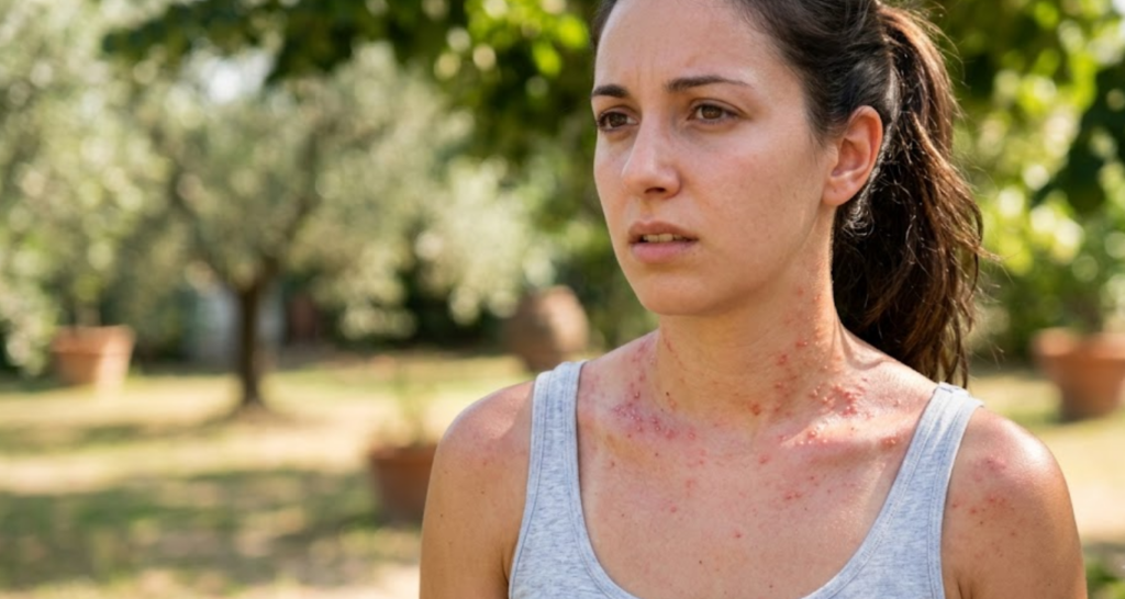 Ragazza con sfoghi cutanei dovuta alla dermatite da sole