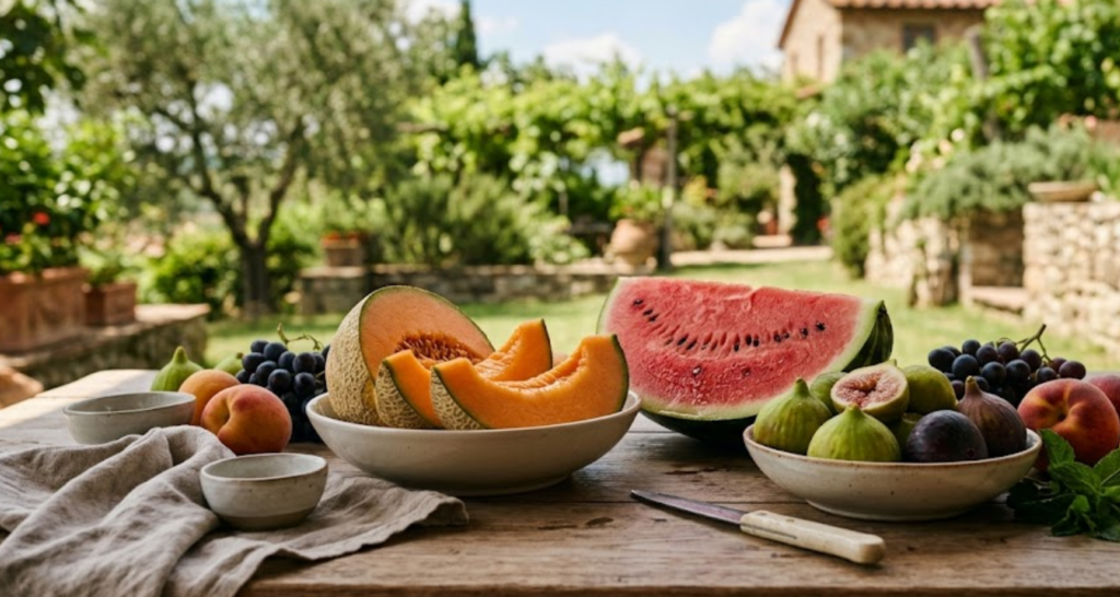 tavola estiva con frutta fresca di stagione: anguria, melone e fichi